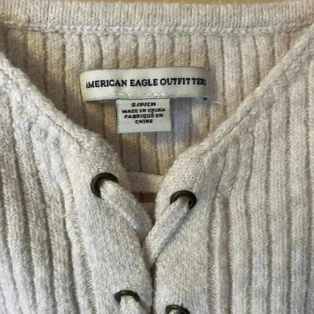 American Eagle Lace Up Cropped Sweater Tank Ivory Cream Ribbed Summer Minimalist - Picture 2 of 5